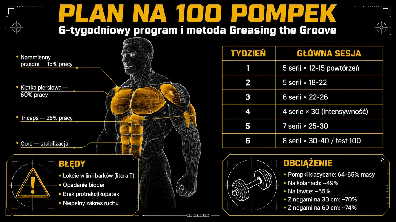 Infografika: plan na 100 pompek – biomechanika ćwiczenia, 6-tygodniowy program i krytyczne błędy techniczne