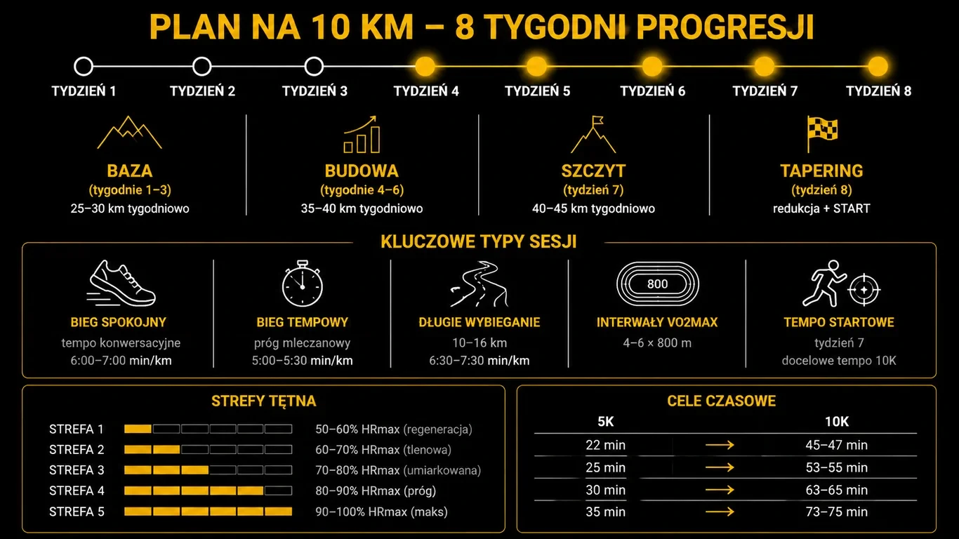 Infografika plan na pierwsze 10 km – 8-tygodniowa progresja, fazy baza, budowa, szczyt, tapering, BC1, BC2