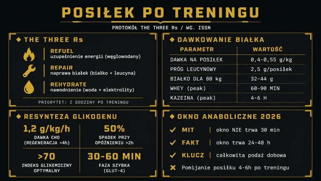 Infografika posiłek po treningu – zasada 3R, dawkowanie białka, resynteza glikogenu i nowe podejście do okna anabolicznego