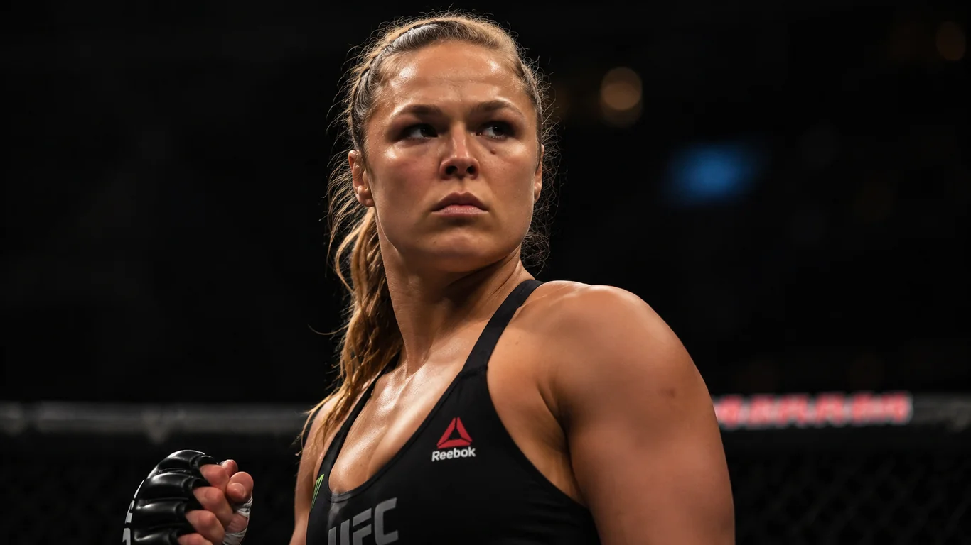 Ronda Rousey w stroju treningowym podczas wywiadu, charakterystyczne blond włosy i intensywne spojrzenie pierwszej mistrzyni UFC kobiet.