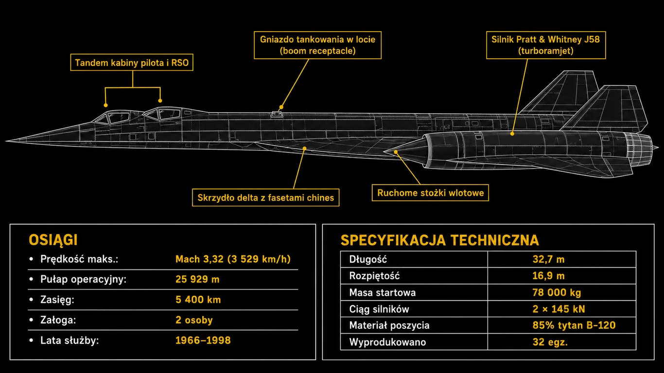Infografika SR-71 Blackbird – sylwetka z tandem kabiną pilota i RSO, gniazdem tankowania w locie, silnikami Pratt & Whitney J58 ze stożkami wlotowymi, panel osiągów (Mach 3,32, pułap 25 929 m) i tabela specyfikacji technicznej