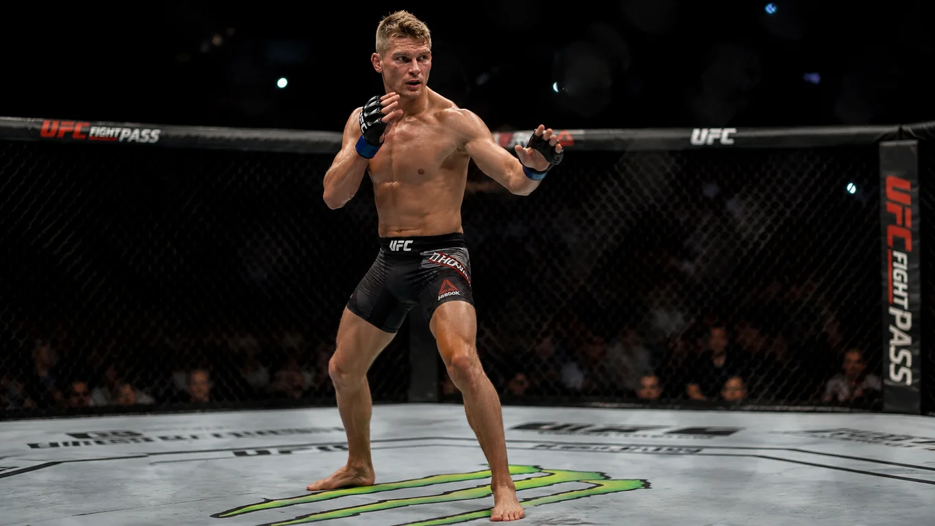 Stephen Wonderboy Thompson w oktagonie UFC w charakterystycznej karate side stance z uniesioną pięścią, intensywne spojrzenie i kompletny strój zawodnika.