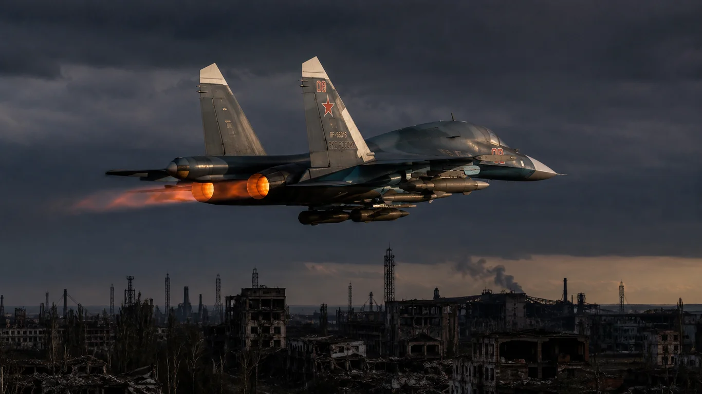 Rosyjski frontowy bombowiec taktyczny Suchoj Su-34 Fullback w locie nad polem walki z bombami FAB-500 z modułem UMPK pod skrzydłami.