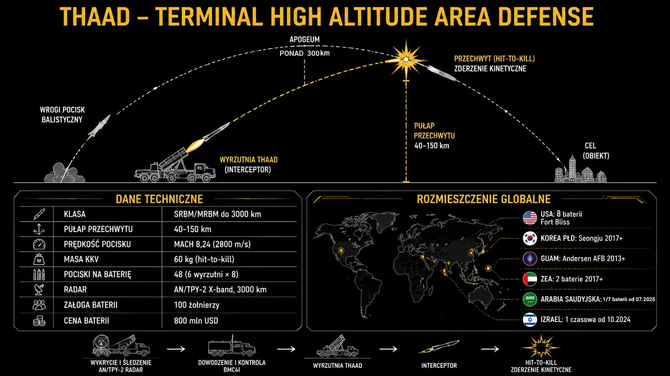 Infografika THAAD – pocisk hit-to-kill, radar AN/TPY-2, pułap 40-150 km, hit-to-kill, baterie w Korei Guam Izrael