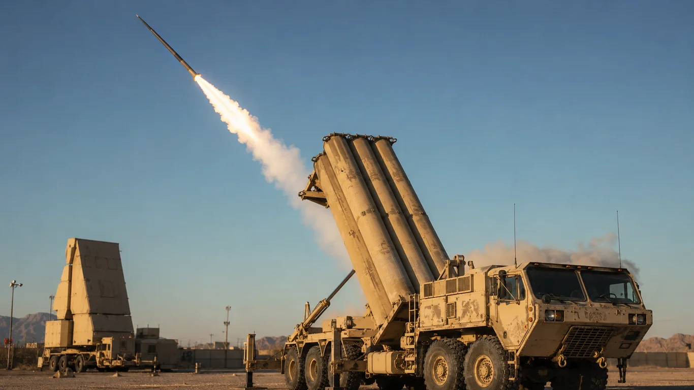 Wyrzutnia THAAD z ośmioma pociskami antybalistycznymi w pozycji bojowej, charakterystyczny radar AN/TPY-2 w tle, pustynna baza w Korei Południowej.