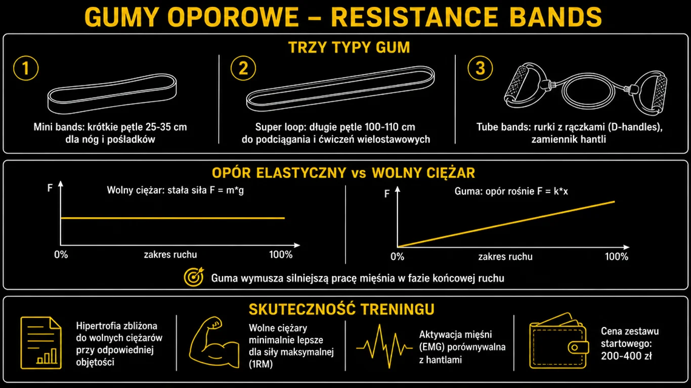 Infografika trening z gumami oporowymi – typy mini super loop tube, plan FBW i PPL