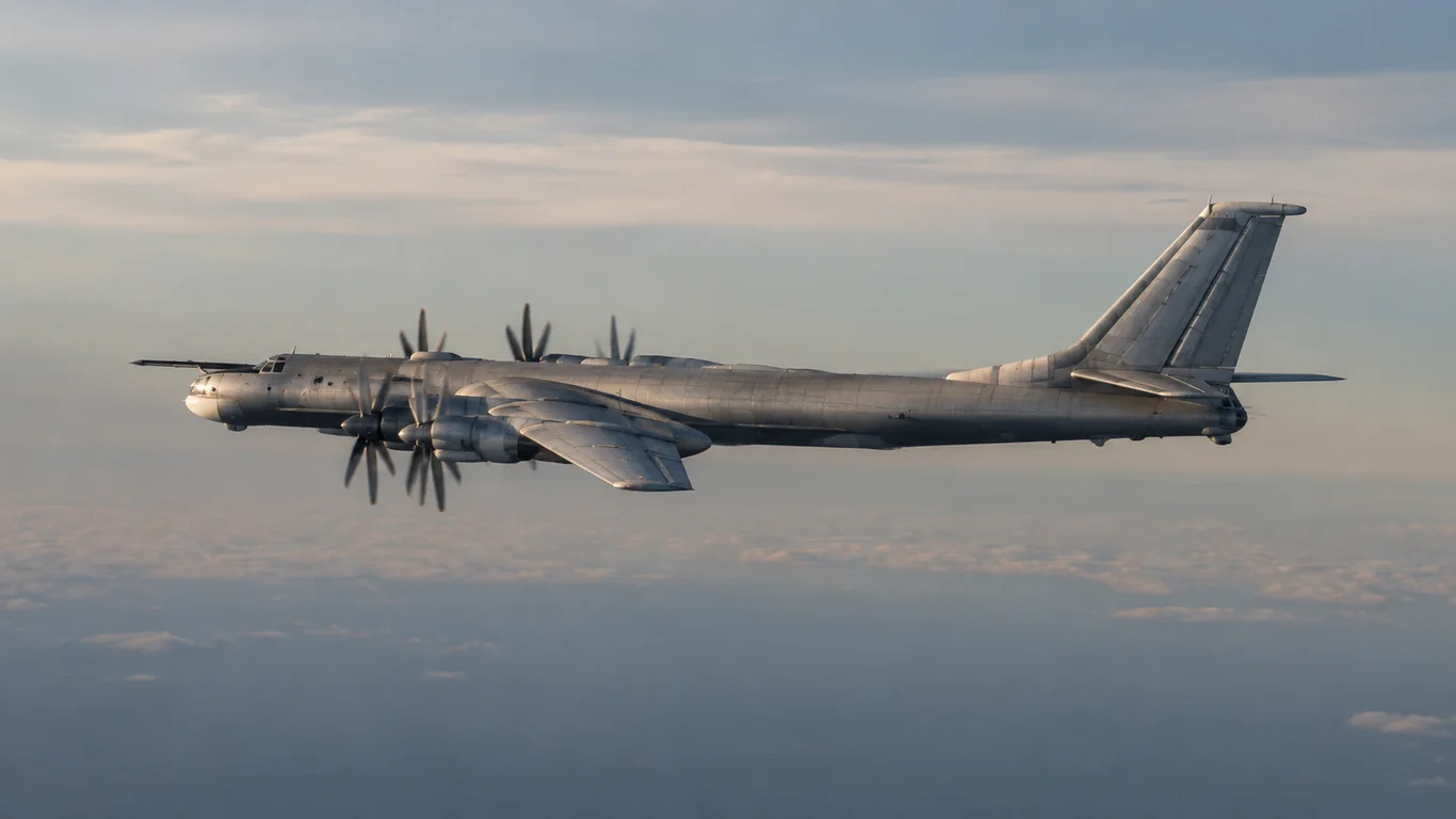 Tupolew Tu-95 Bear w locie nad chmurami, radziecki bombowiec strategiczny z czterema turbośmigłowymi silnikami NK-12 i ośmioma przeciwbieżnymi śmigłami AV-60.
