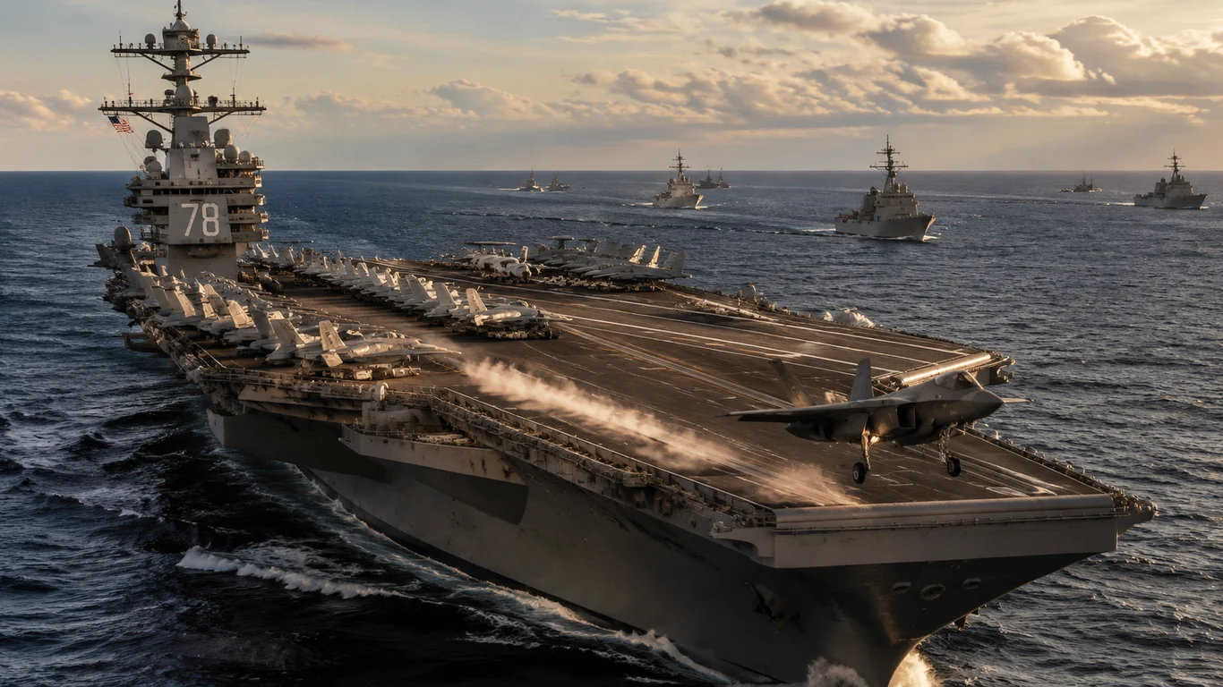 Amerykański superlotniskowiec USS Gerald R. Ford CVN-78 z F-35C Lightning II na pokładzie startowym, towarzyszące go niszczyciele klasy Arleigh Burke w ugrupowaniu carrier strike group.