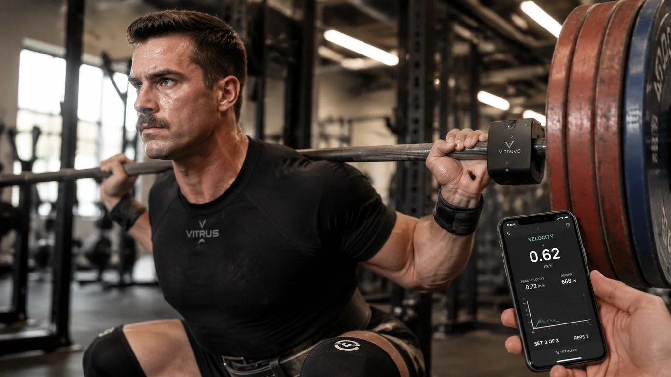 Powerlifter wykonujący przysiad ze sztangą z urządzeniem Vitruve V1 zaczepionym do tyłu sztangi, wyświetlanie prędkości MPV w czasie rzeczywistym na smartfonie obok.