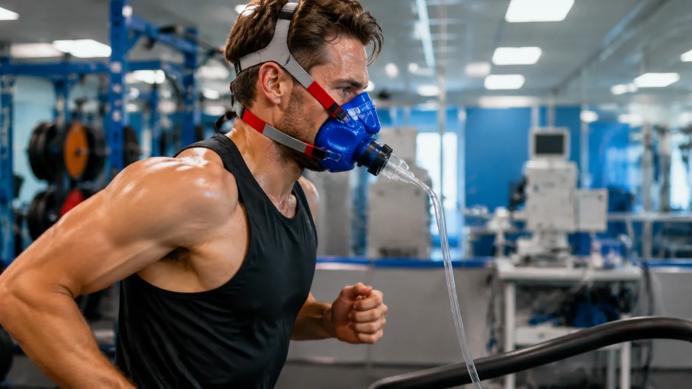 Sportowiec w masce spiroergometrycznej podczas testu wydolnościowego CPET na bieżni mechanicznej, pomiar VO2max w laboratorium fizjologii sportu.