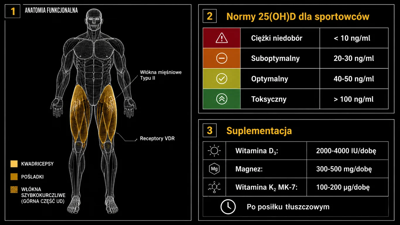 Infografika: Witamina D w sporcie – optymalne normy 25(OH)D, wpływ na włókna mięśniowe typu II i podstawy protokołu suplementacyjnego
