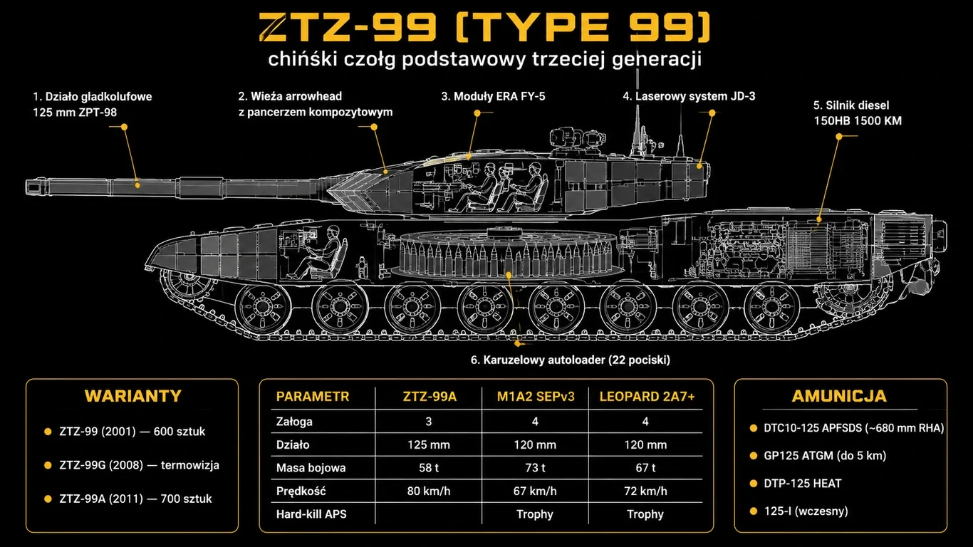 Infografika: ZTZ-99 (Type 99) – sylwetka, parametry techniczne, porównanie wariantów 99/99A/99B oraz porównanie z M1A2 SEPv3 i Leopard 2A7+