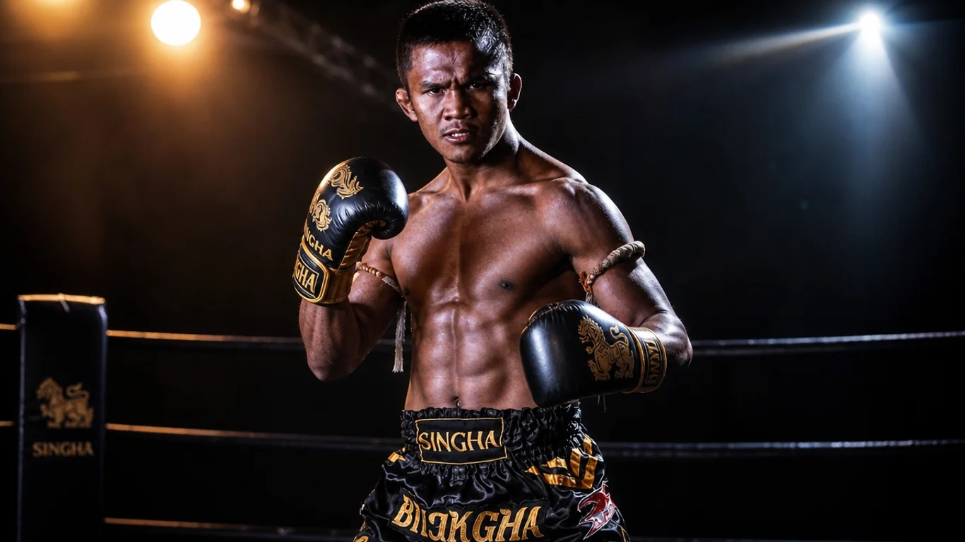 Buakaw Banchamek w ringu podczas walki K-1 MAX, unosi rękę po zwycięstwie