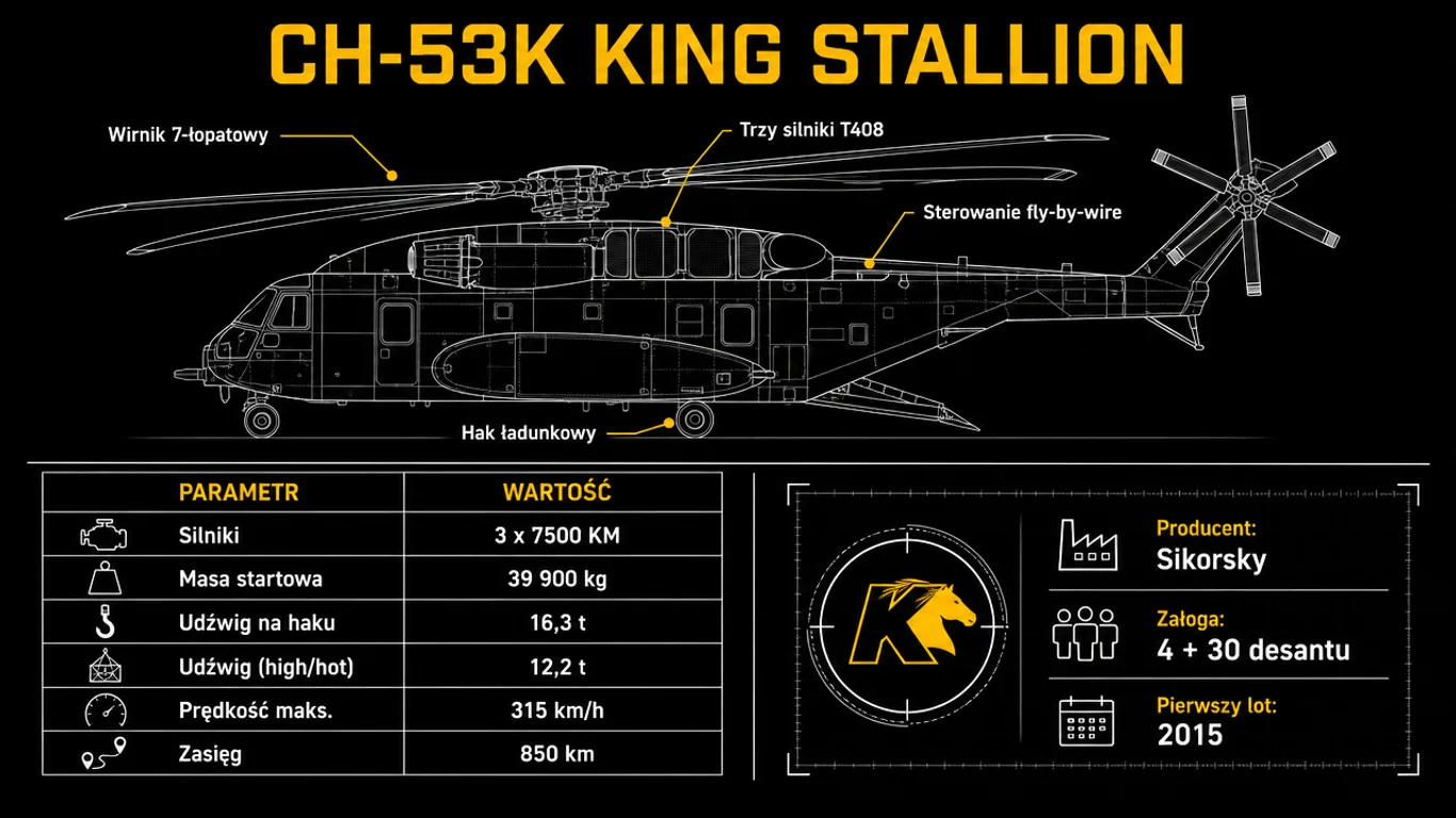 Infografika CH-53K King Stallion – schemat śmigłowca z calloutami i tabela danych technicznych: trzy silniki T408, udźwig na haku 16,3 tony, masa startowa 39 900 kg.