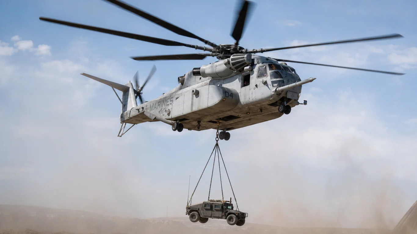 Ciężki śmigłowiec transportowy Sikorsky CH-53K King Stallion w locie z ładunkiem podwieszonym na haku zewnętrznym, siedmiołopatowy wirnik główny, malowanie US Marine Corps, tło nieba.