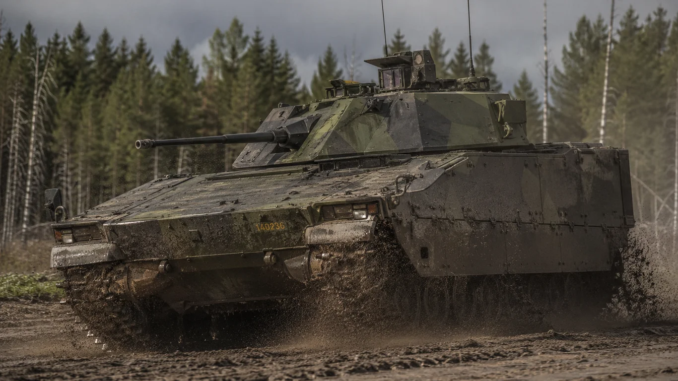 CV90 szwedzki bojowy wóz piechoty podczas ćwiczeń – widok boczny gąsienicowego wozu z armatą Bofors 40 mm