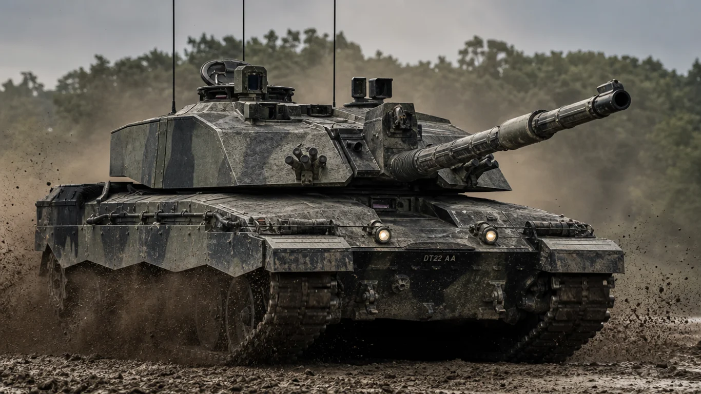 Brytyjski czołg podstawowy Challenger 2 na poligonie w ciężkim pancerzu Dorchester – widok z boku i z przodu.