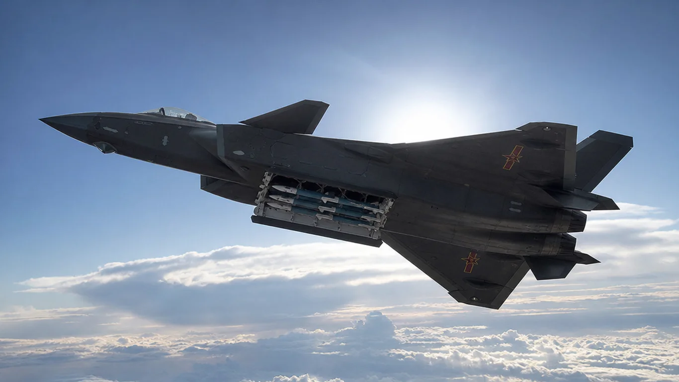 Chiński myśliwiec piątej generacji Chengdu J-20 Mighty Dragon w locie z otwartymi wewnętrznymi komorami uzbrojenia pokazującymi pociski PL-15 i PL-10, charakterystyczna konfiguracja canard delta wing z dwoma silnikami WS-10C.