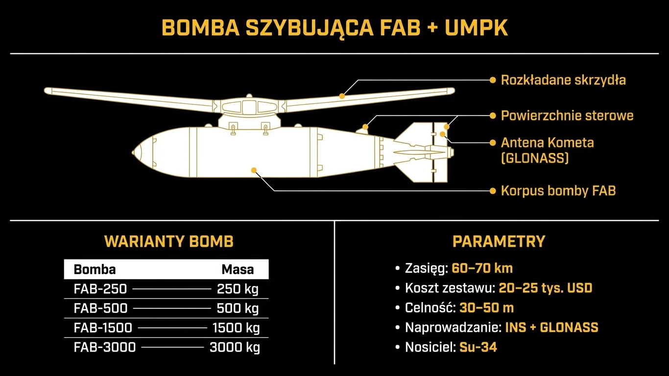 Infografika: budowa bomby szybującej FAB z zestawem UMPK – rozkładane skrzydła, powierzchnie sterowe, antena Kometa, korpus bomby oraz warianty wagowe FAB-250 do FAB-3000 i kluczowe parametry.
