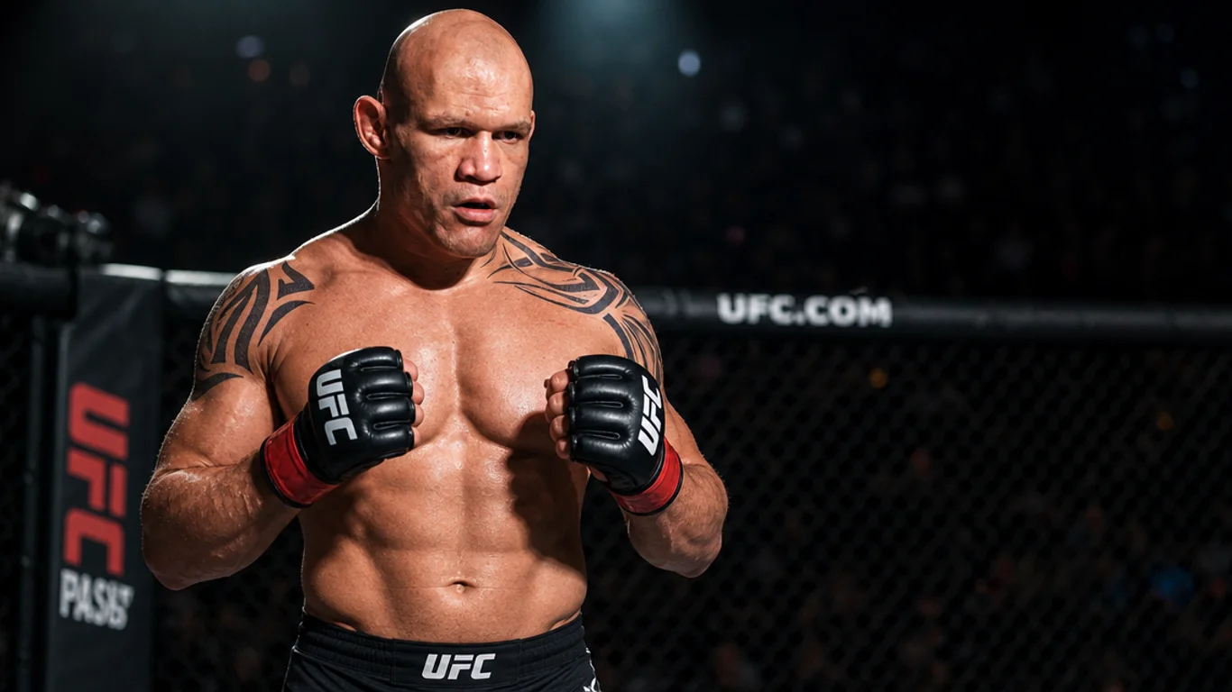 Krzysztof Soszyński The Polish Experiment w bojowej postawie w klatce UFC, umięśniona sylwetka polsko-kanadyjskiego zawodnika wagi półciężkiej, rękawice MMA, skupiony wyraz twarzy.