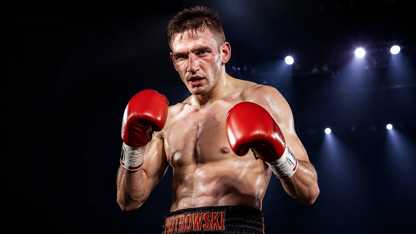 Marek „Punisher" Piotrowski w pozycji bojowej z wysoko uniesionymi rękami, sylwetka polskiego mistrza świata kickboxingu w dramatycznym oświetleniu ringu.