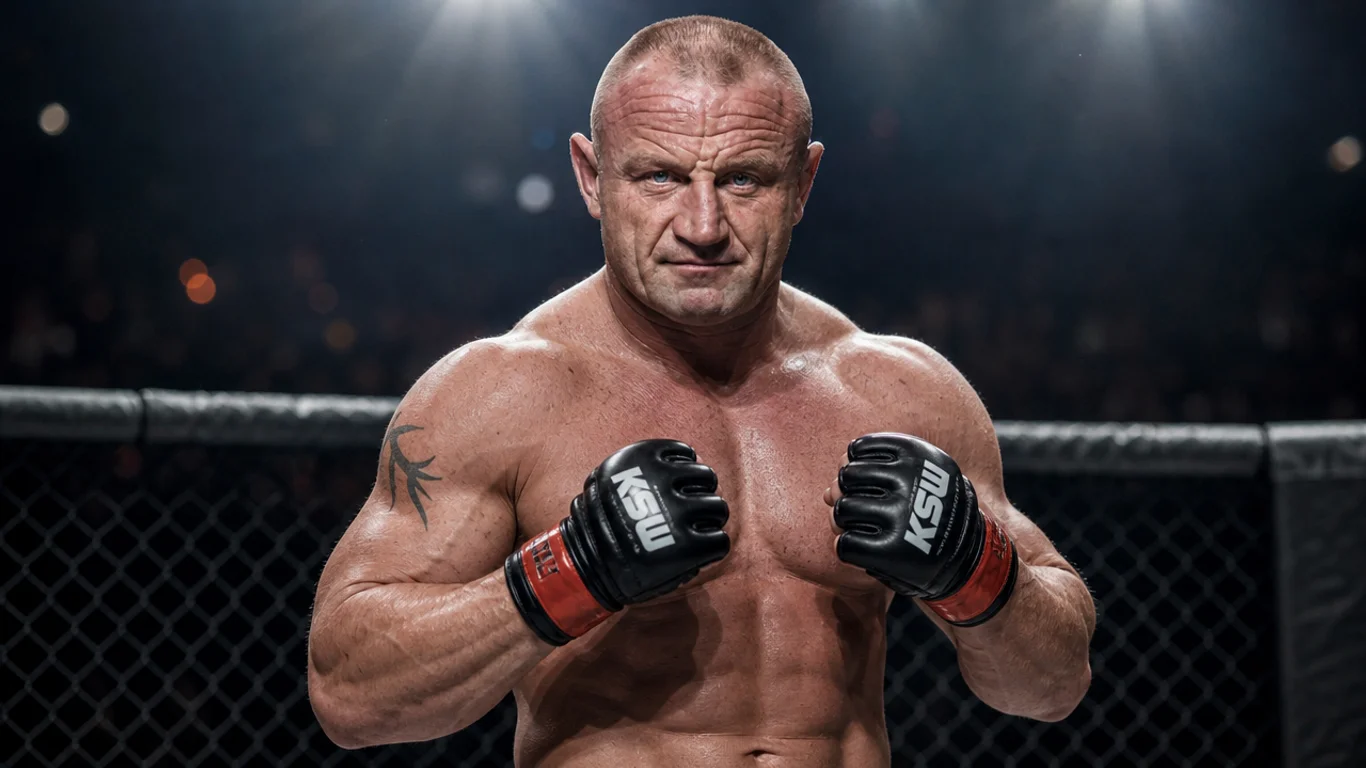 Mariusz Pudzianowski w bojowej postawie w klatce MMA, potężnie umięśniona sylwetka polskiego strongmana, rękawice MMA, skupione spojrzenie, oświetlenie areny KSW.