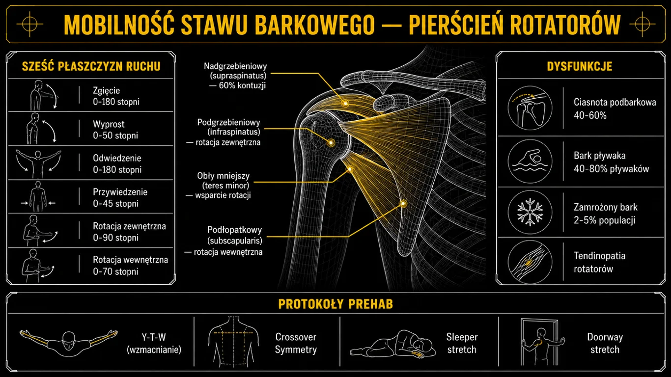 Infografika mobilność stawu barkowego – anatomia pierścienia rotatorów supraspinatus infraspinatus teres minor subscapularis, sześć płaszczyzn ruchu, ćwiczenia Y-T-W, Crossover Symmetry, dysfunkcje ciasnota podbarkowa zamrożony bark