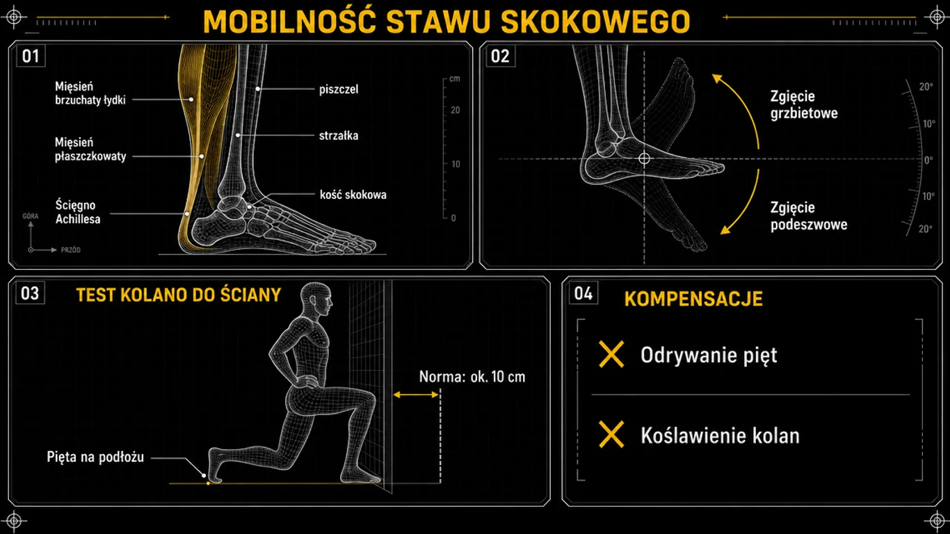 Infografika mobilności stawu skokowego – anatomia kostki, mięsień brzuchaty łydki i płaszczkowaty, ścięgno Achillesa, zgięcie grzbietowe i podeszwowe, test kolano do ściany oraz kompensacje