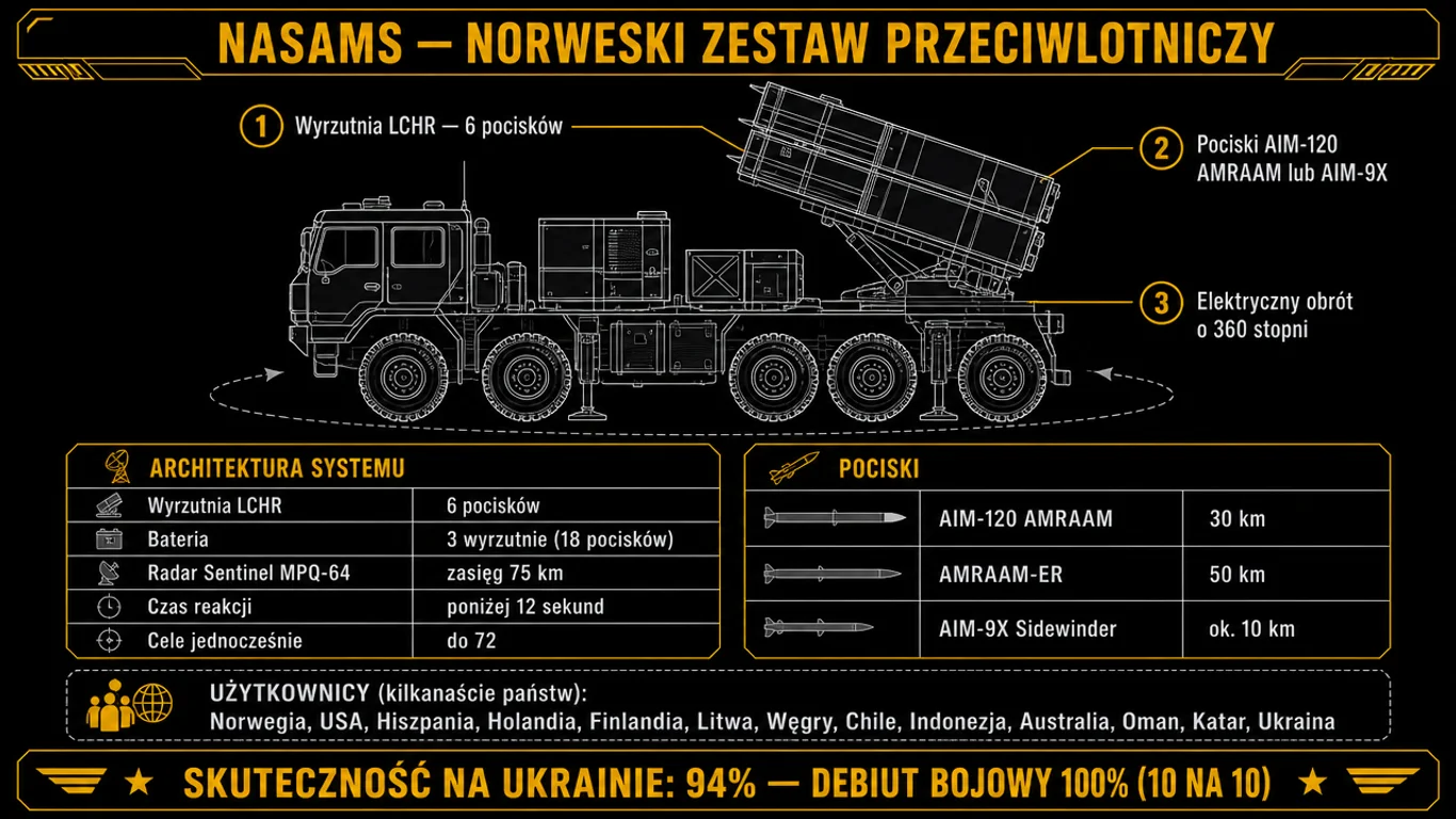 Infografika NASAMS – architektura LCHR FDC Sentinel, dane techniczne, pociski AIM-120 AMRAAM i AMRAAM-ER, globalni użytkownicy systemu