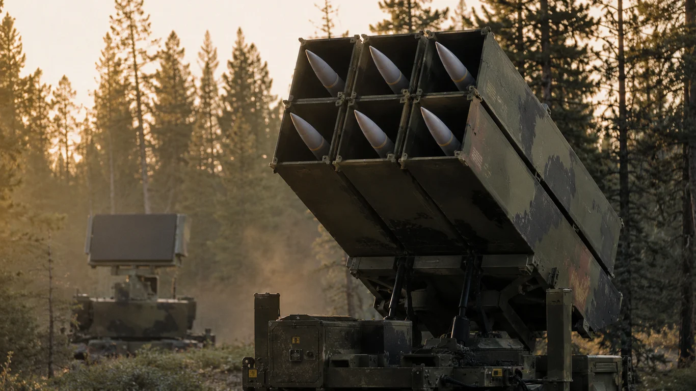 Bateria NASAMS z dwiema wyrzutniami LCHR po sześć pocisków AIM-120 AMRAAM w pozycji bojowej, radar Sentinel MPQ-64 i Fire Distribution Center w tle, las skandynawski w pochmurny dzień.