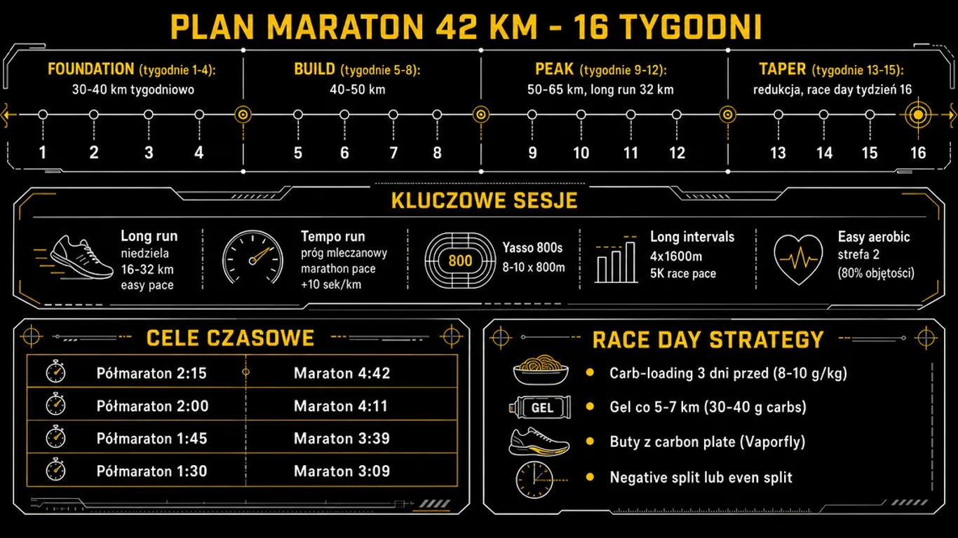 Infografika plan maraton 42 km – 16-tygodniowa progresja, 4 fazy: baza tlenowa, rozbudowa, szczyt, wyciszenie, kluczowe sesje: długie wybieganie, Yasso 800s, biegi tempowe, strategia żeli 30-40 g co 5-7 km