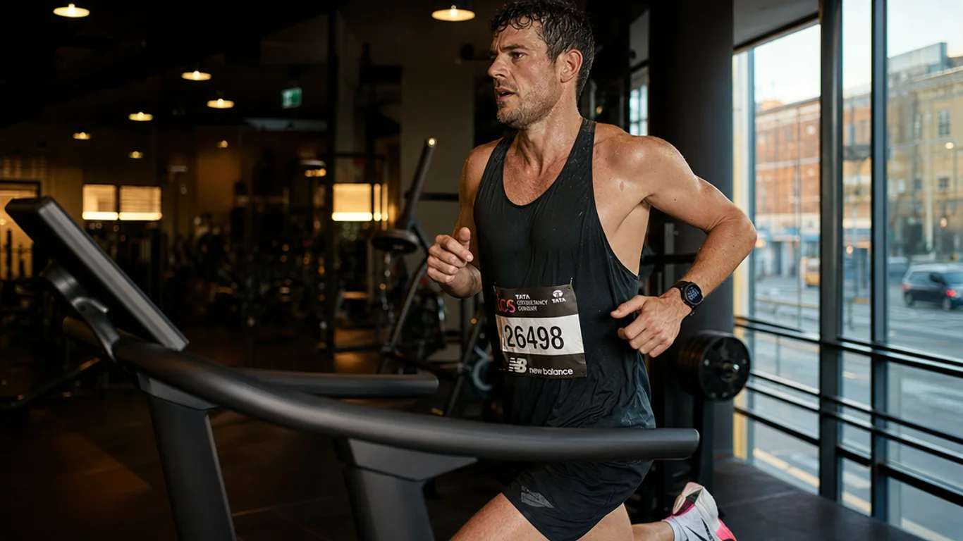 Maratończyk amator w trakcie długiego wybiegania na trasie miejskiej wiosennym rankiem, charakterystyczny napis na koszulce z numerem startowym, buty Nike Vaporfly z płytą węglową, zegarek Garmin Fenix.