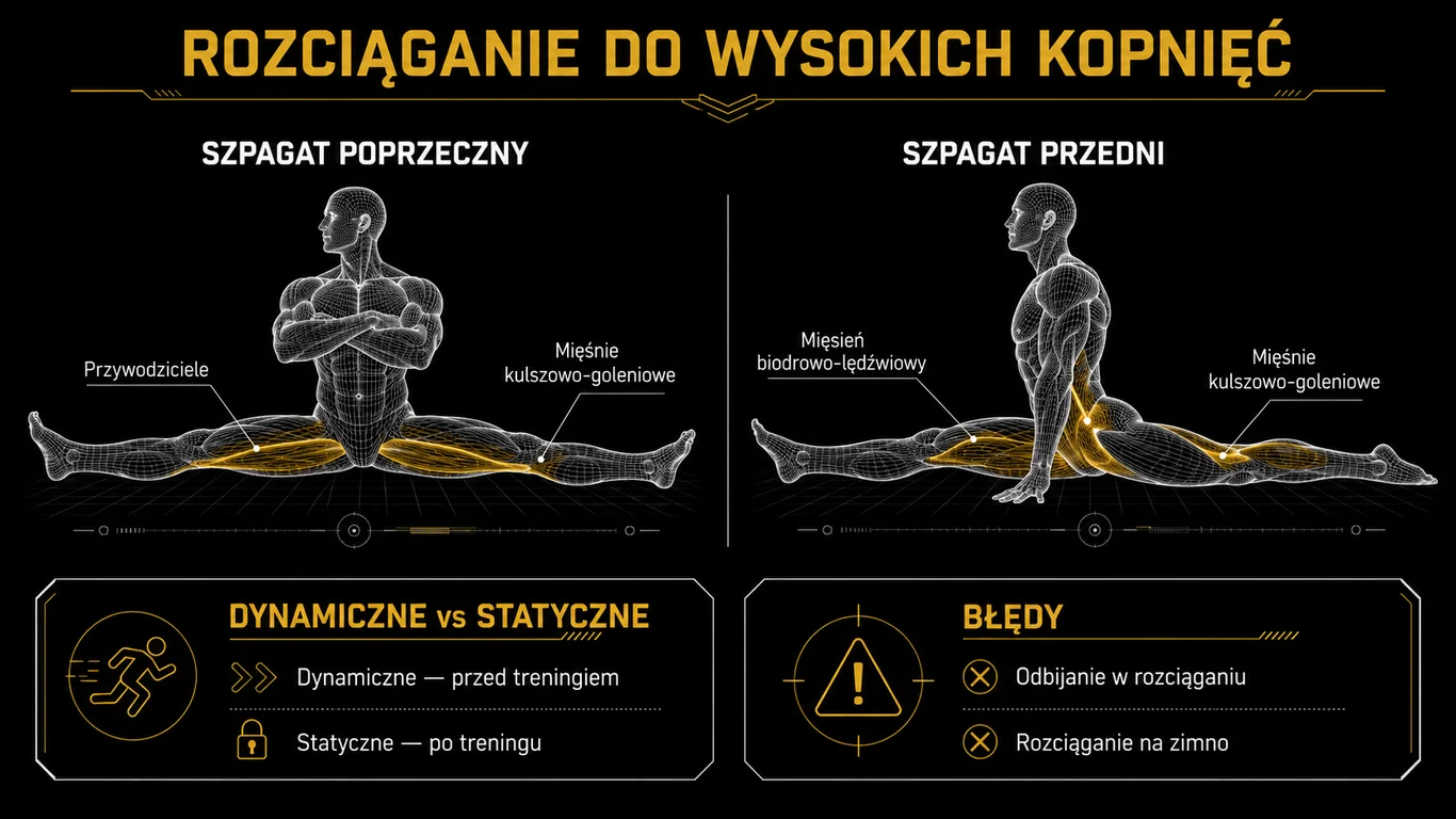 Infografika: szpagat poprzeczny i przedni – pracujące mięśnie