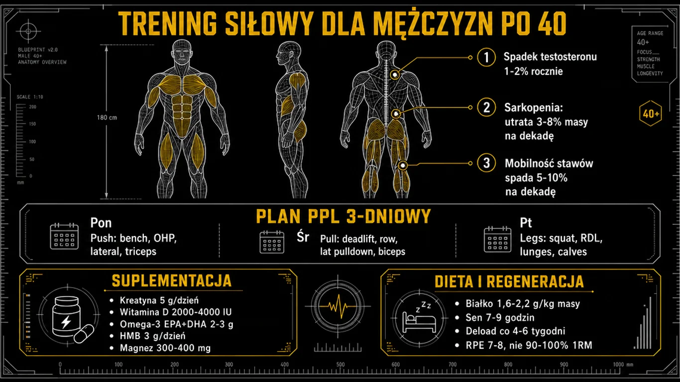 Infografika trening dla mężczyzn po 40 – andropauza spadek testosteronu, sarkopenia utrata masy, plan 3-dniowy PPL, suplementacja, dieta białko 2g/kg