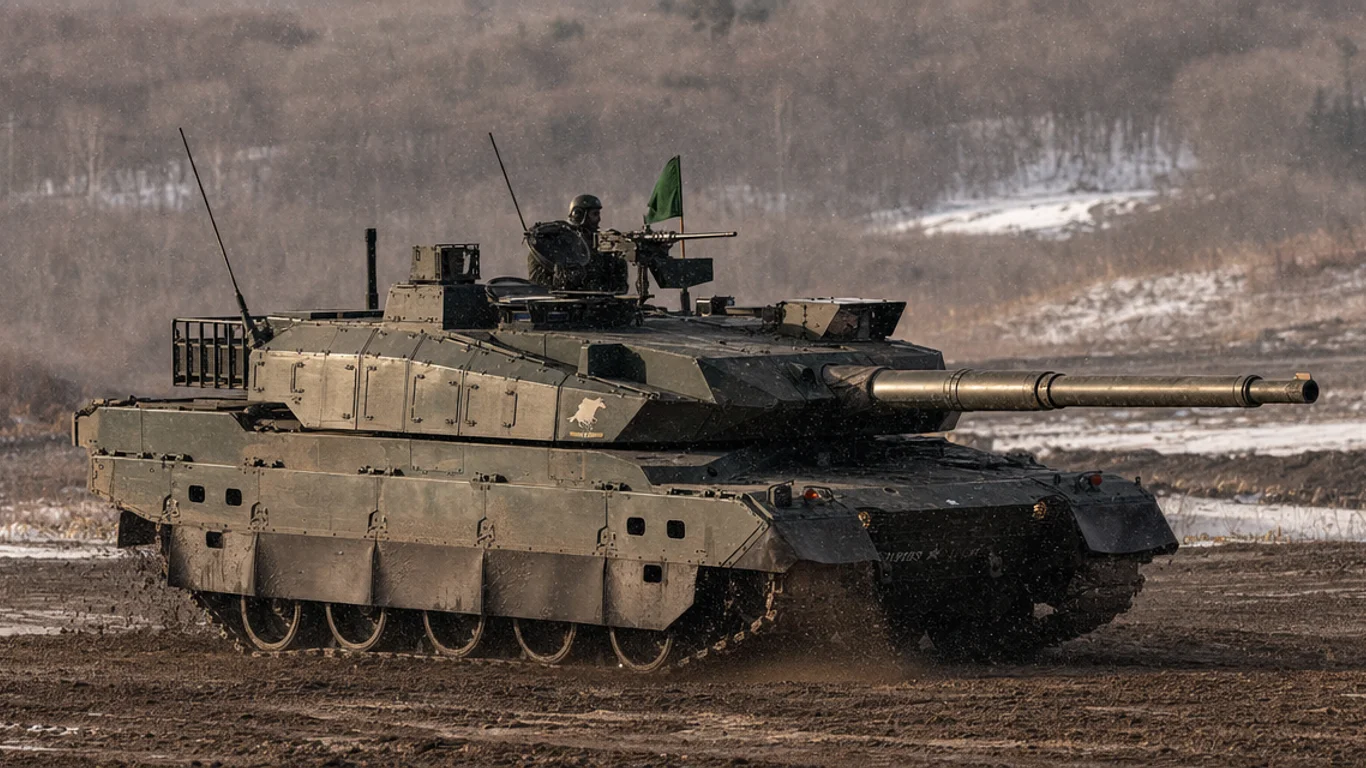 Japoński czołg podstawowy Type 10 w trakcie ćwiczeń JGSDF na poligonie, charakterystyczne hydropneumatyczne zawieszenie pozwalające na statyczne pochylenie kadłuba, kamuflaż 4-kolorowy.