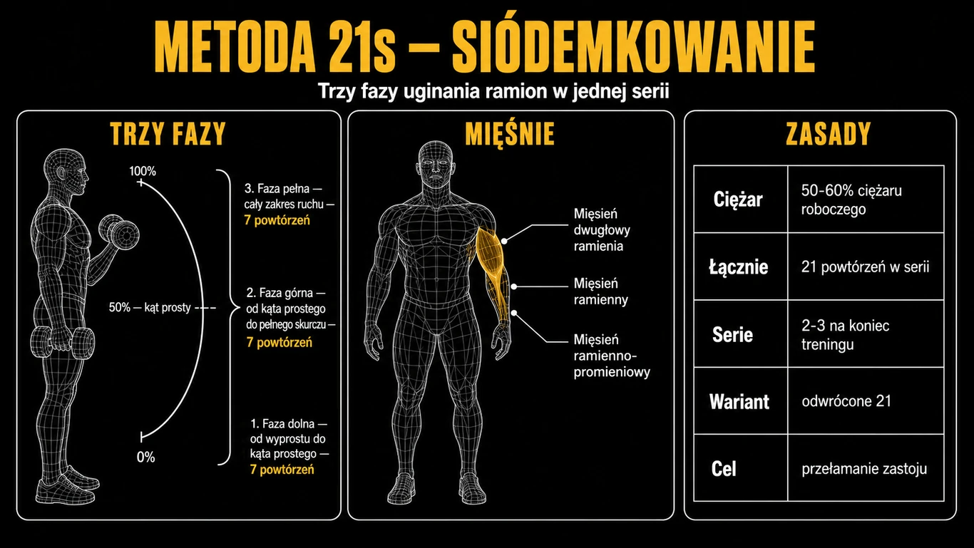 Infografika: metoda 21s – podział zakresu ruchu na trzy fazy po siedem powtórzeń, mięśnie zaangażowane w uginanie ramion i zasady doboru ciężaru.