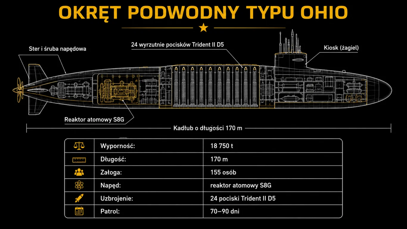 Infografika: budowa i dane techniczne okrętu podwodnego typu Ohio – wyrzutnie Trident, reaktor S8G, wyporność.