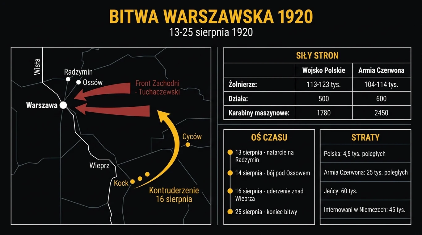Infografika przedstawiająca schemat operacyjny Bitwy Warszawskiej 1920 – kierunki natarcia Frontu Zachodniego na Warszawę, kontruderzenie znad Wieprza, tabelę sił obu stron, oś czasu i bilans strat