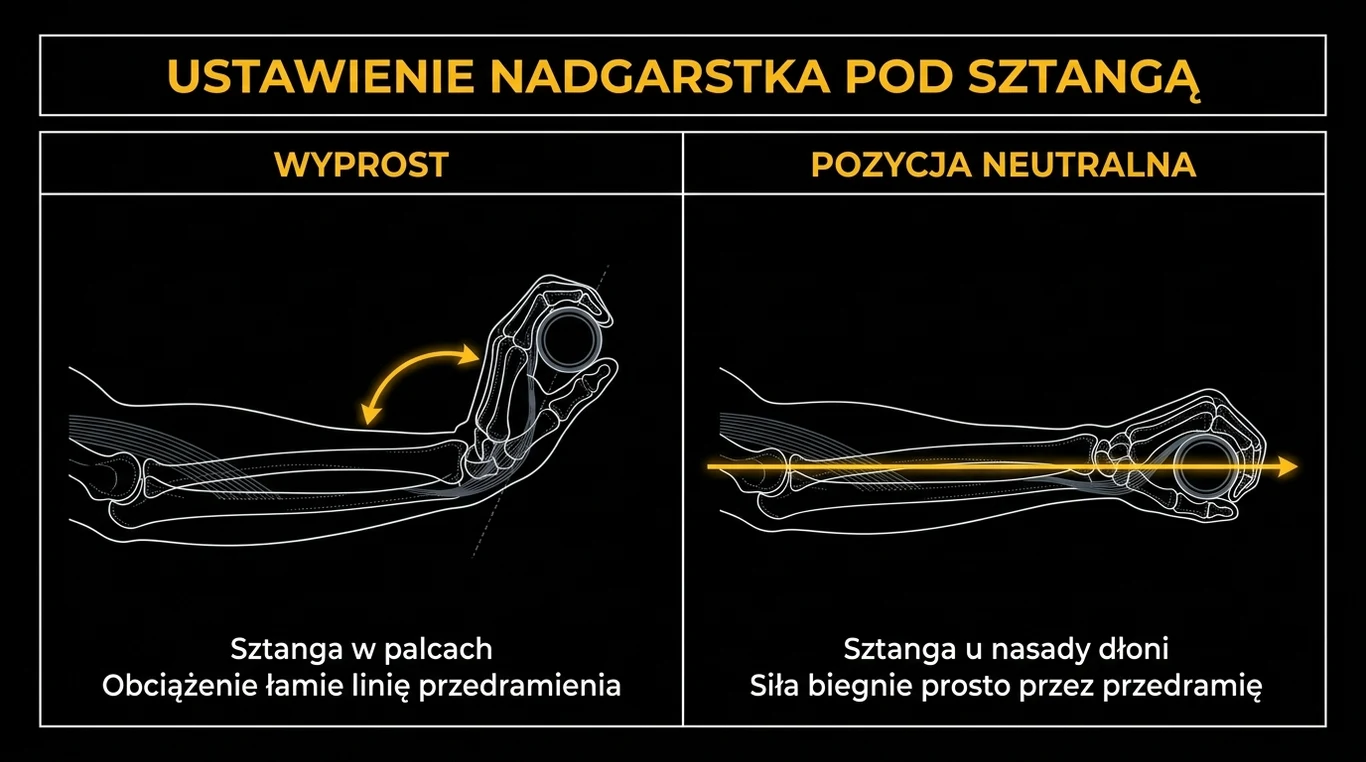 Infografika porównująca dwa ustawienia nadgarstka pod sztangą – wyprost ze sztangą w palcach i łamaną linią przedramienia oraz pozycja neutralna ze sztangą u nasady dłoni i prostą linią obciążenia