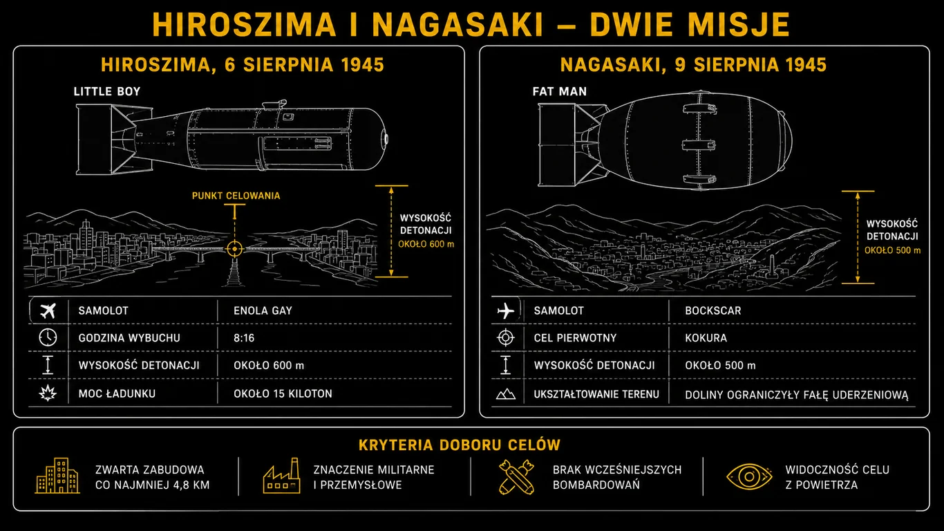 Infografika: schematy ładunków Little Boy i Fat Man, parametry obu misji oraz kryteria doboru celów.