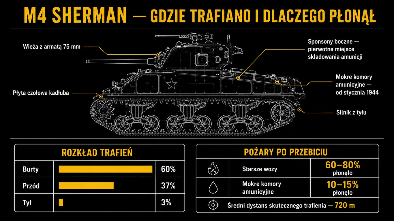 Infografika: sylwetka Shermana z opisem podzespołów, rozkład trafień na burty, przód i tył oraz odsetek pożarów przed i po wprowadzeniu mokrych komór amunicyjnych.