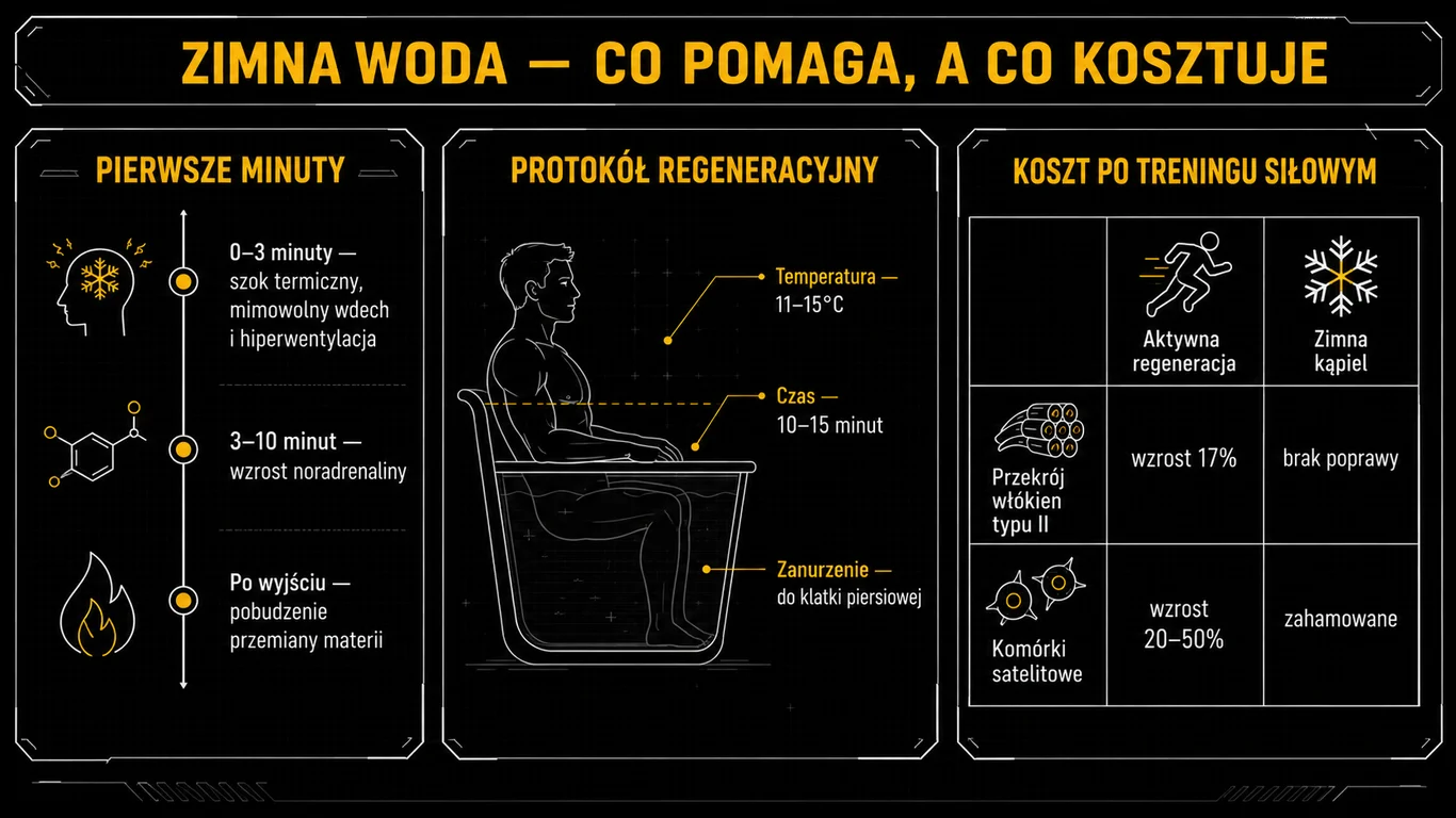Infografika: przebieg reakcji organizmu w pierwszych minutach w zimnej wodzie, parametry zanurzenia regeneracyjnego oraz porównanie adaptacji po treningu siłowym.
