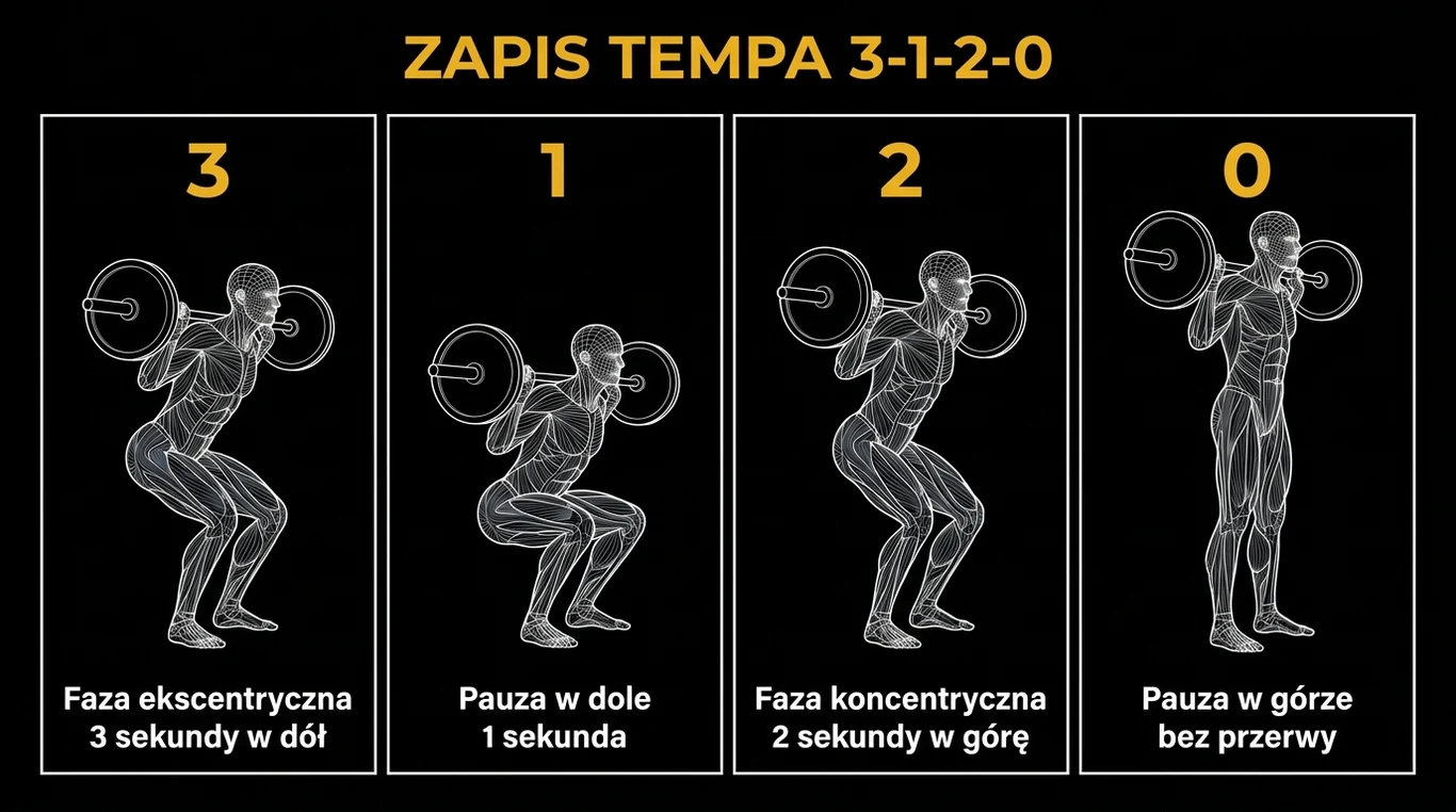 Infografika rozkładająca zapis tempa 3-1-2-0 na cztery panele z sylwetką wykonującą przysiad ze sztangą – faza ekscentryczna, pauza w dole, faza koncentryczna i pauza w górze
