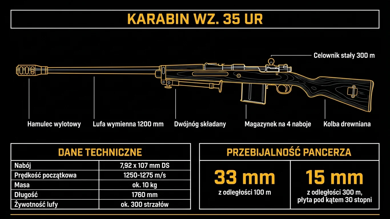 Infografika techniczna karabinu przeciwpancernego wz. 35 – sylwetka broni z podpisami elementów, tabela danych technicznych i przebijalność pancerza