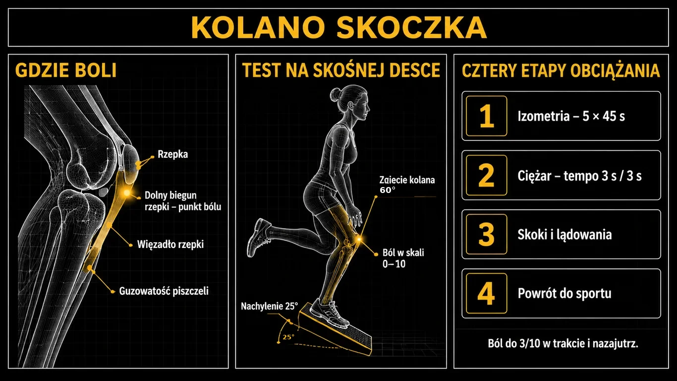 Infografika: kolano skoczka – anatomia więzadła rzepki z punktem bólu przy dolnym biegunie rzepki, test przysiadu jednonóż na desce 25 stopni i cztery etapy obciążania ścięgna od izometrii do skoków