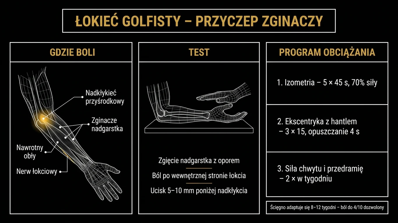 Infografika: łokieć golfisty – anatomia przyczepu zginaczy przy nadkłykciu przyśrodkowym z nerwem łokciowym, test zgięcia nadgarstka z oporem i trzystopniowy program obciążania ścięgna
