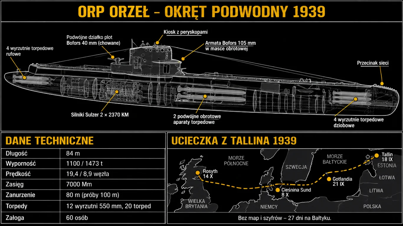 Infografika techniczna ORP Orzeł – sylwetka boczna okrętu podwodnego z podpisami uzbrojenia i napędu, tabela danych technicznych oraz schemat trasy ucieczki z Tallina do Rosyth