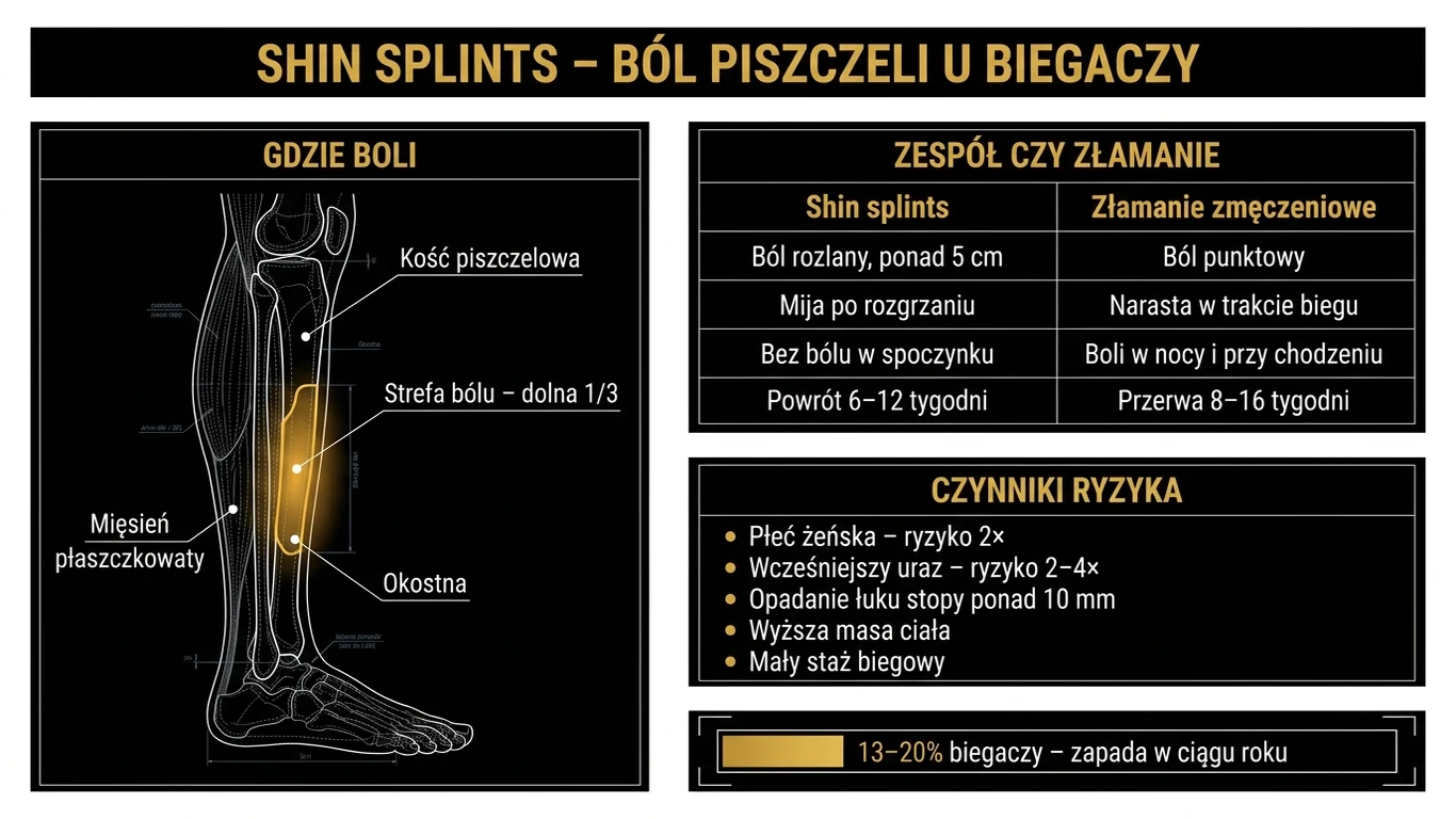 Infografika: shin splints – anatomia goleni ze strefą bólu na dolnej części piszczeli, tabela odróżniająca zespół przeciążenia od złamania zmęczeniowego i lista pięciu czynników ryzyka