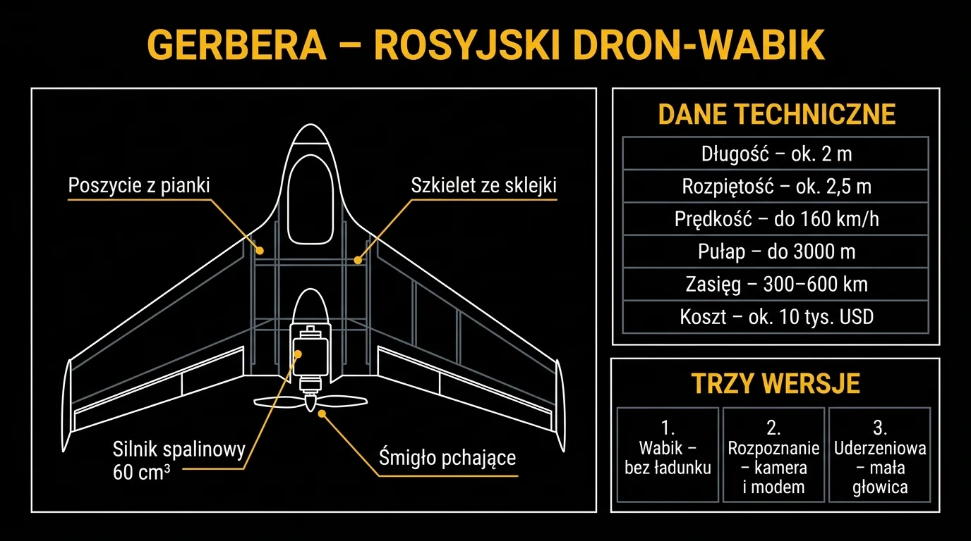 Infografika: dron Gerbera – schemat budowy, dane techniczne i trzy wersje
