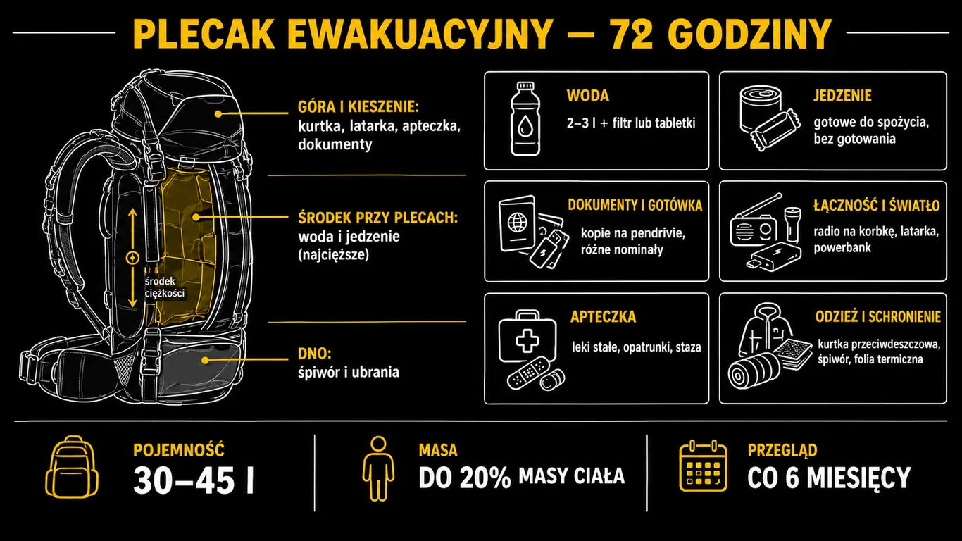 Infografika: zawartość plecaka ewakuacyjnego na 72 godziny i sposób pakowania